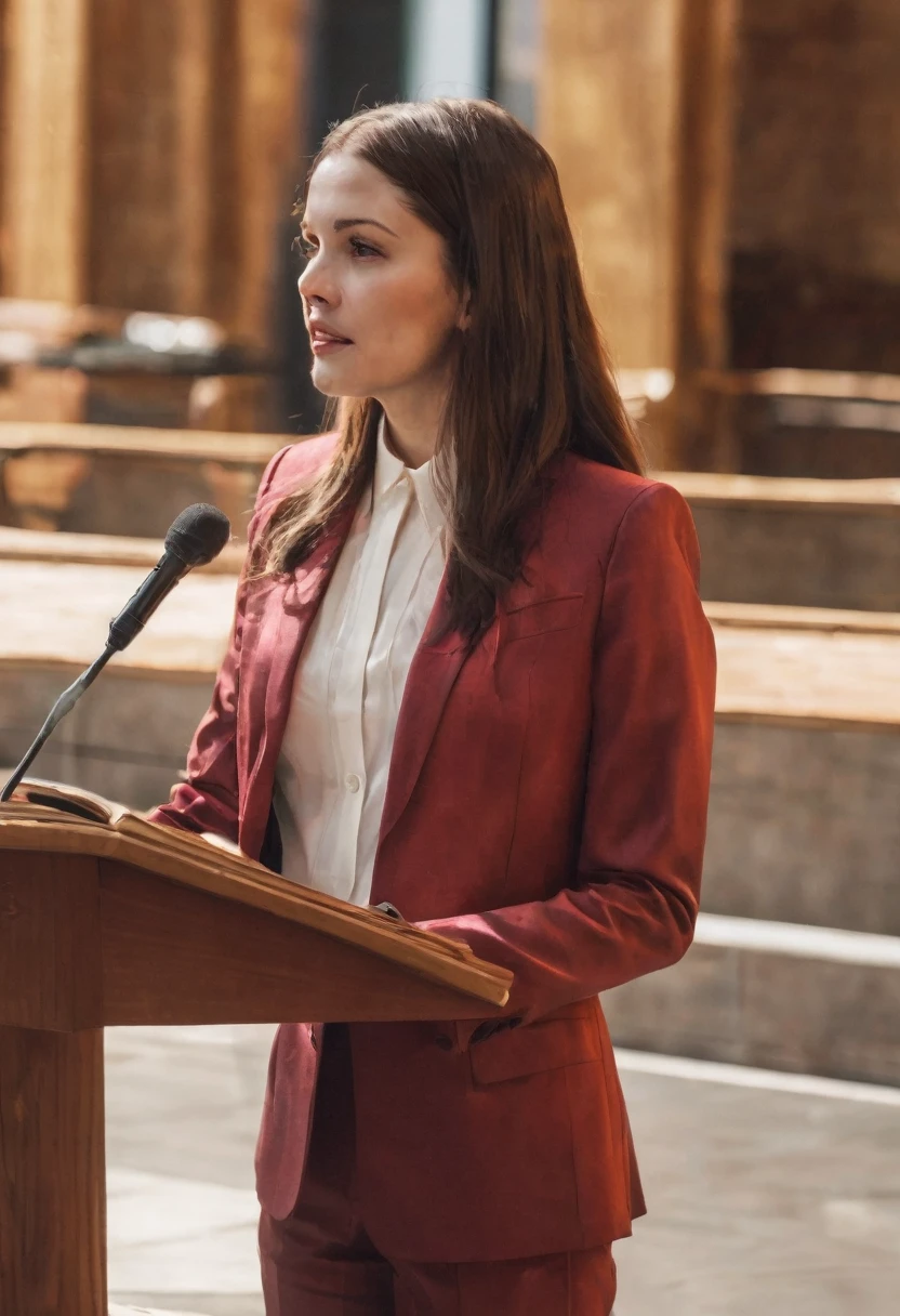 ((woman)), (30 year old), (long hair), (wearing reddish suit), (speech at a lectern), (bible on the pulpit), (modern protestant church background), (golden hour light), (photo realism), (hyper detailed), diffuse lighting, ((200mm lens)), (Slightly blurred background with bokeh effect)
