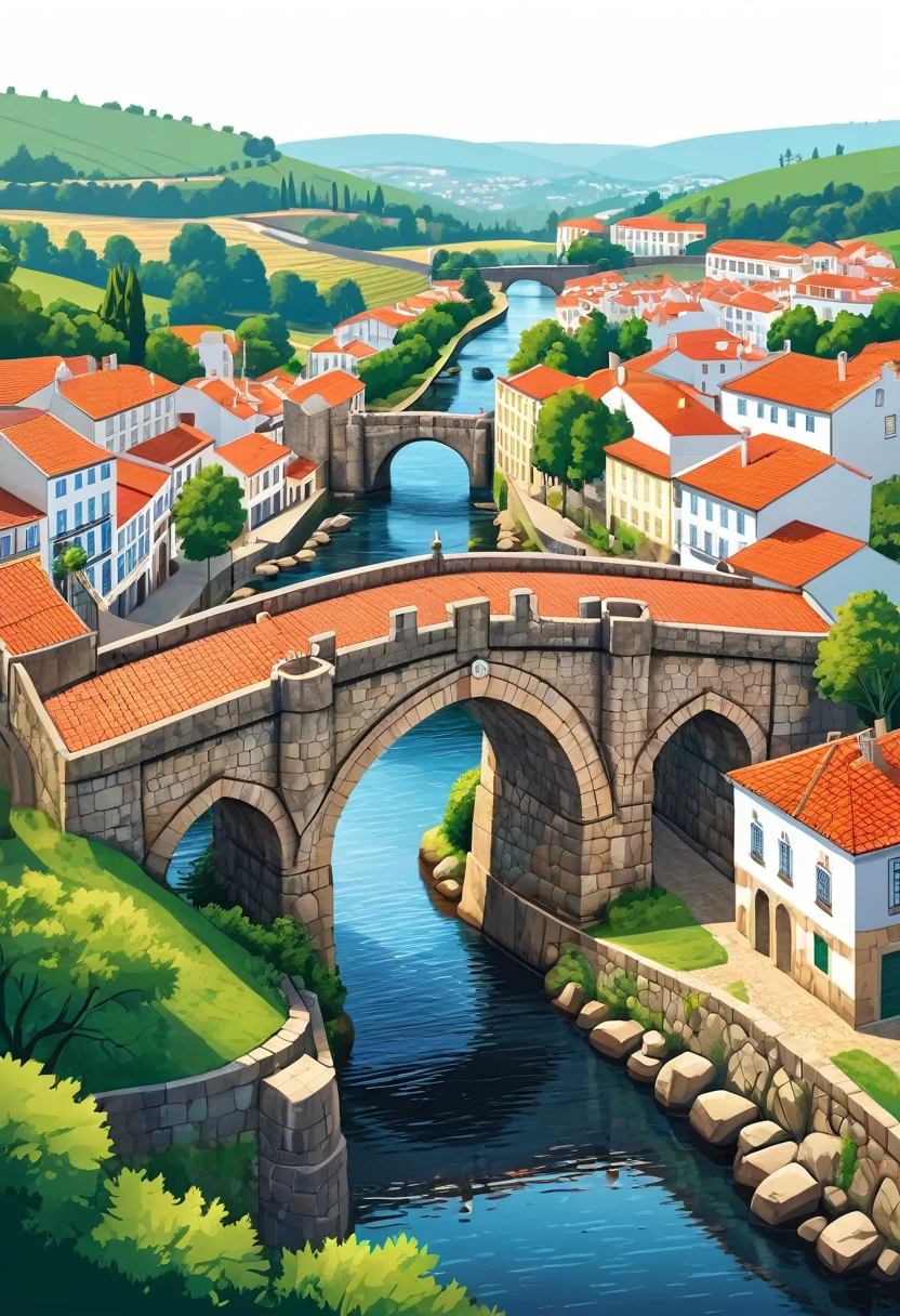 flat illustration of the medieval bridge of Barcelos, portugal. highly detailed cleanliness, imagem vectorial, photorealistic masterpiece, professional photograpy, plain white background, isometric, Vibrant, vector