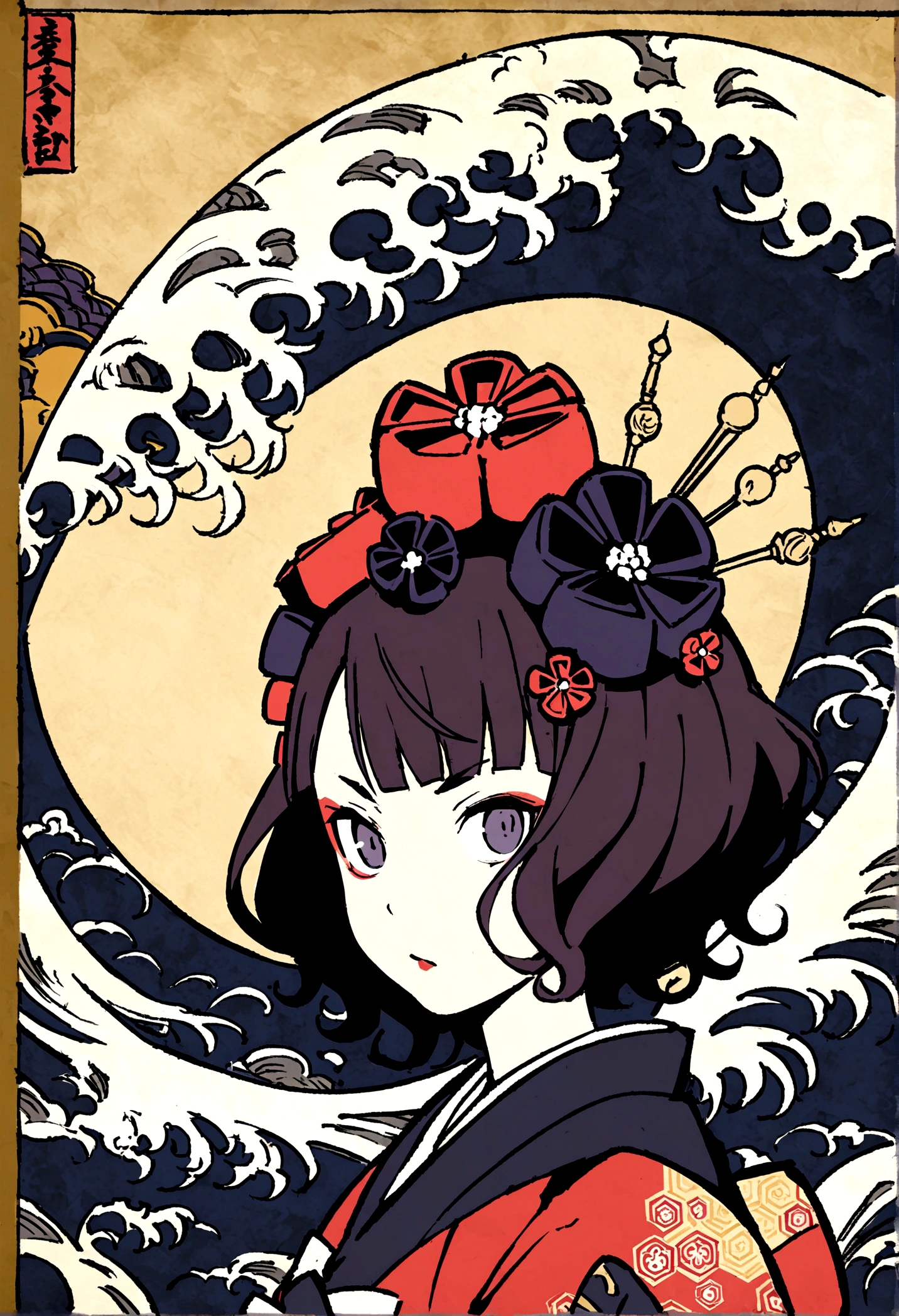 Highest quality, Hokusai's Style, ukiyoe, Himiko, Katsushika Hokusai, Evil Horse Taikoku,