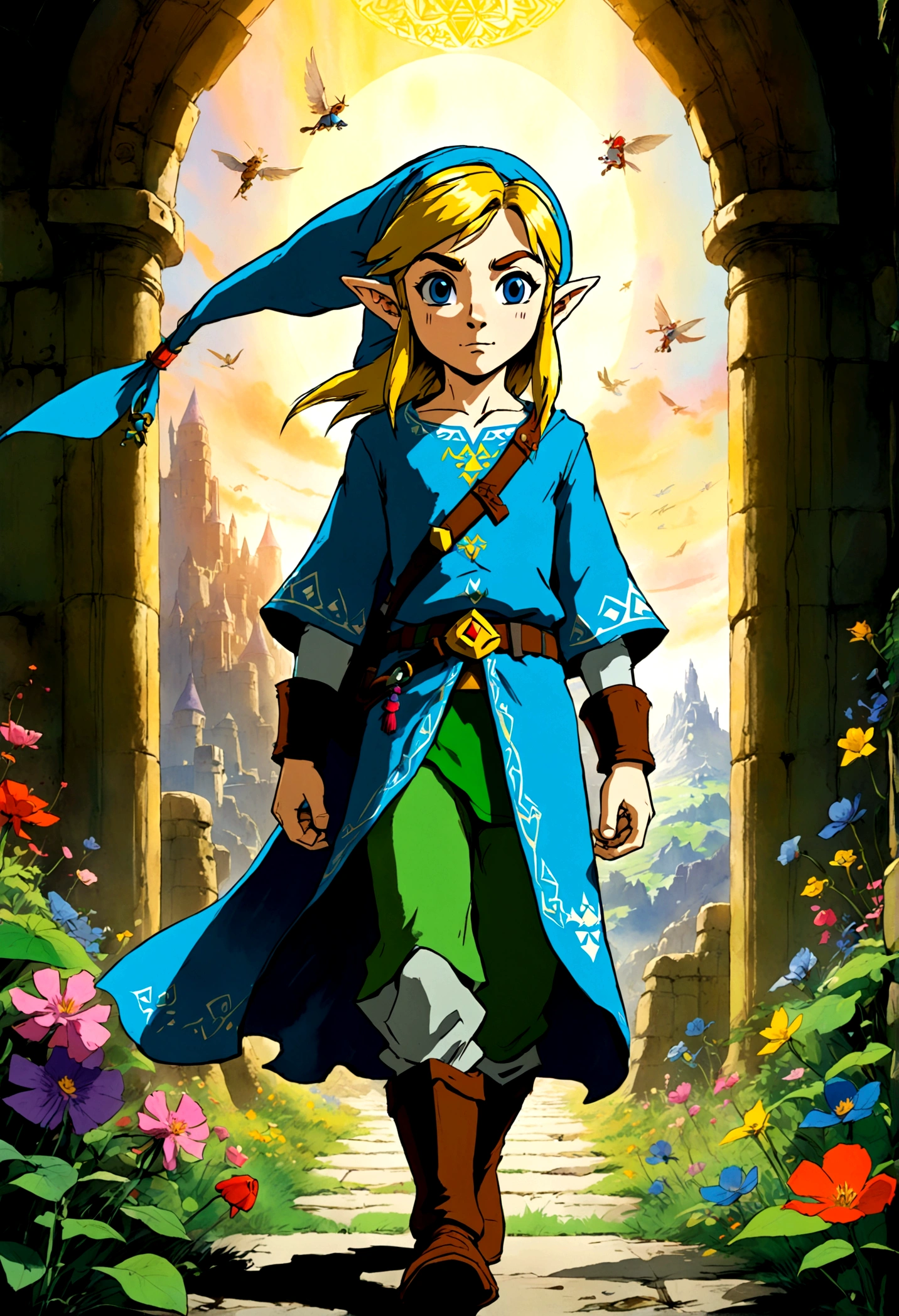 The Legend of Zelda, by Quentin Blake, full body, cinematic still, cinemascope, best quality, masterpiece, very aesthetic, perfect composition, intricate details, ultra-detailed, vivid colors