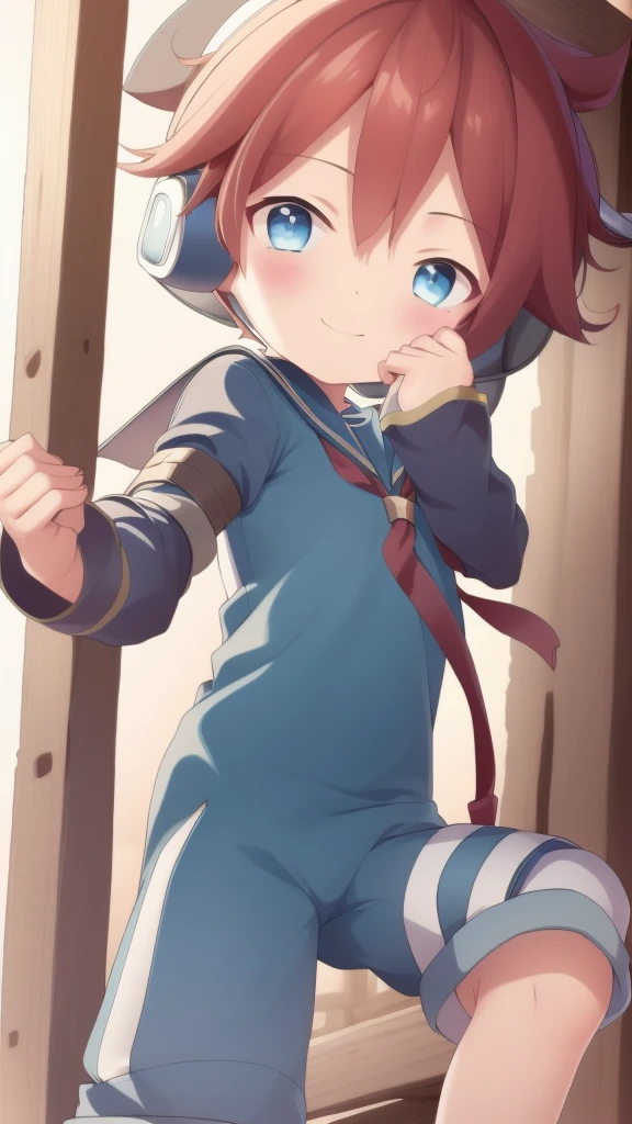 2D Boy Shota，One-piece mountaineering suit，Slim, healthy body，Put the headphones on your head，stand up，goggles，happy，Sailor collar，Lovely