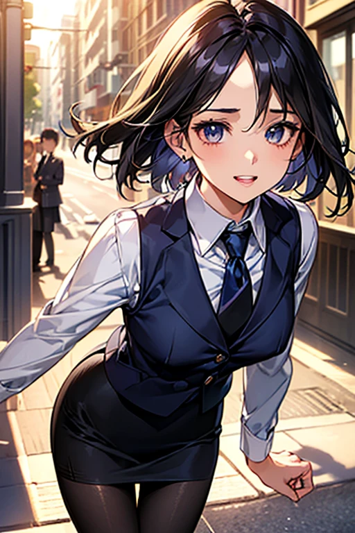 #Basics A girl is posing for a photo, animeのかわいい女の子, (((One Girl, Baby Face, Young girl, 16 years old))), 
BREAK 

#Clothing Accessories 
(White Collar Dress Shirt) + (Navy blue suit jacket:1.4) + (navy suit vest:1.4) + (Navy shiny pencil mini skirt:1.4) + (Black Pantyhose:1.4) + (Black high heels), 
red gem earrings, Silver Necklace, 
BREAK 

#Features 
(Black Hair), (Bangs that expose the forehead, Beautiful forehead), (Pixie Cut Hair : very short back hair + Hair that bounces out),  
(Droopy eyes, blue eyes), (Small breasts),  
BREAK 

#background environment 
(noon、(Sunlit sidewalk in an office district, People coming and going))
#Facial Expression Pose
((Big happy smile + Mouth wide open:1.4 + Teeth are visible), (Confident and powerful pose, A commanding presence)), 
#composition 
((Face the camera, Angle from the front, Cowboy Shot)),  
BREAK 

#Body parts elements 
(Detailed hair, Beautiful Hair, Shiny Hair), 
(double eyelid, Long eyelashes), 
(Expression of fine eyes, Beautiful and delicate eyes, Sparkling eyes, Eye Reflexes, Glitter Eyeliner), 
(Human Ear), 
(Beautiful Nose, Thin Nose), 
(Glossy lips, Beautiful Lips, Thick lips, Glossy Lips, Natural Cheeks), 
(Detailed face, Symmetrical facial features), 
(Detailed skin, Textured skin, Beautiful Skin, Shiny skin), 
BREAK 

#Quality 
(((Highest quality)), ((masterpiece)), ((Very detailed))), ((High resolution), (16K,1080P)), 
(Realistic), (Anatomically correct), 
((comics, anime)), (3DCG), CG illustration,
