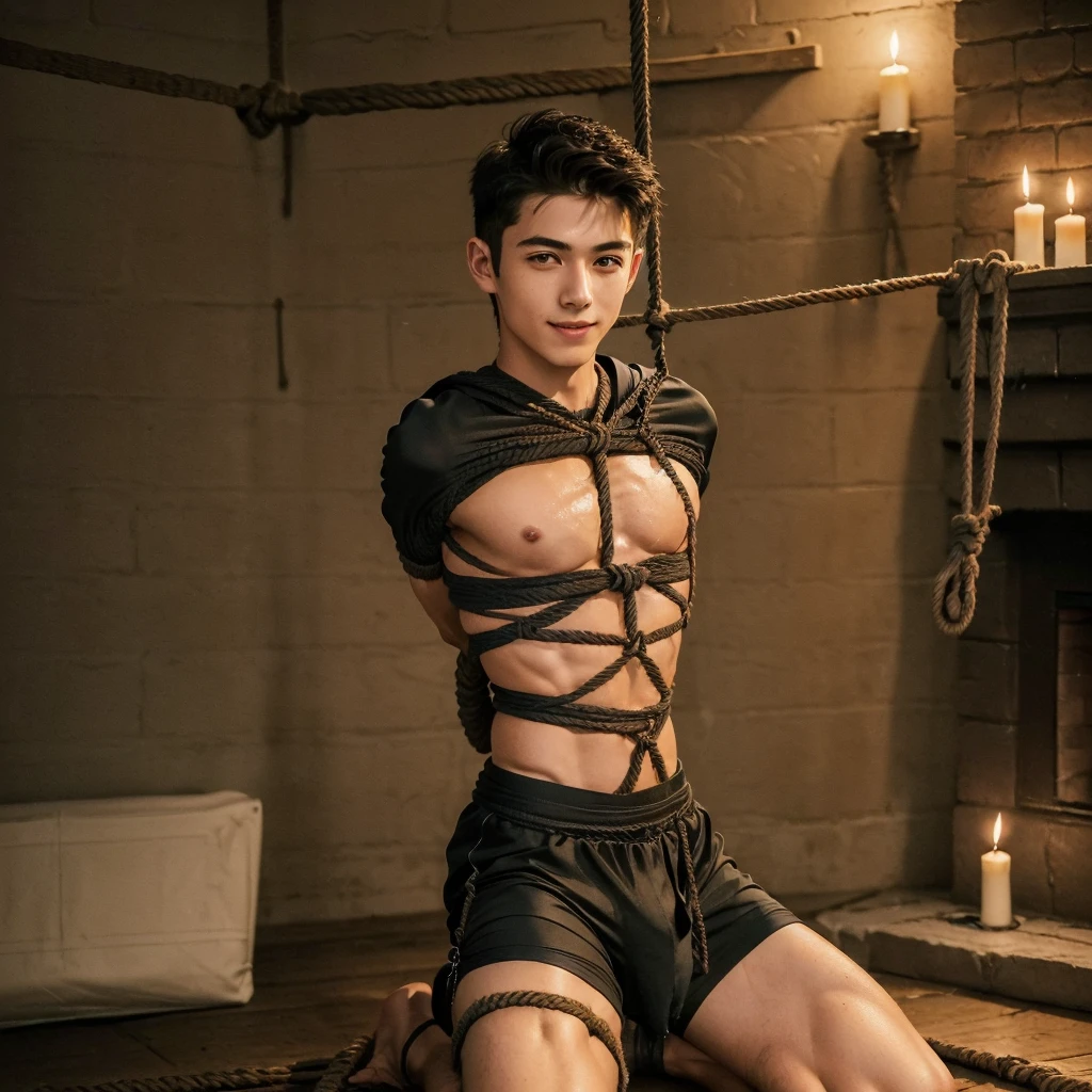  (((19 year old boy, skinny, lean))), smiling (((wearing gym shorts)))  kneeling, ((((Trussed up completely with rope)))), ((((very tight rope crossed over chest)))),(((body in tight shibari ropes))) sweating, wet skin, in a dungeon with candles and a fireplace 
