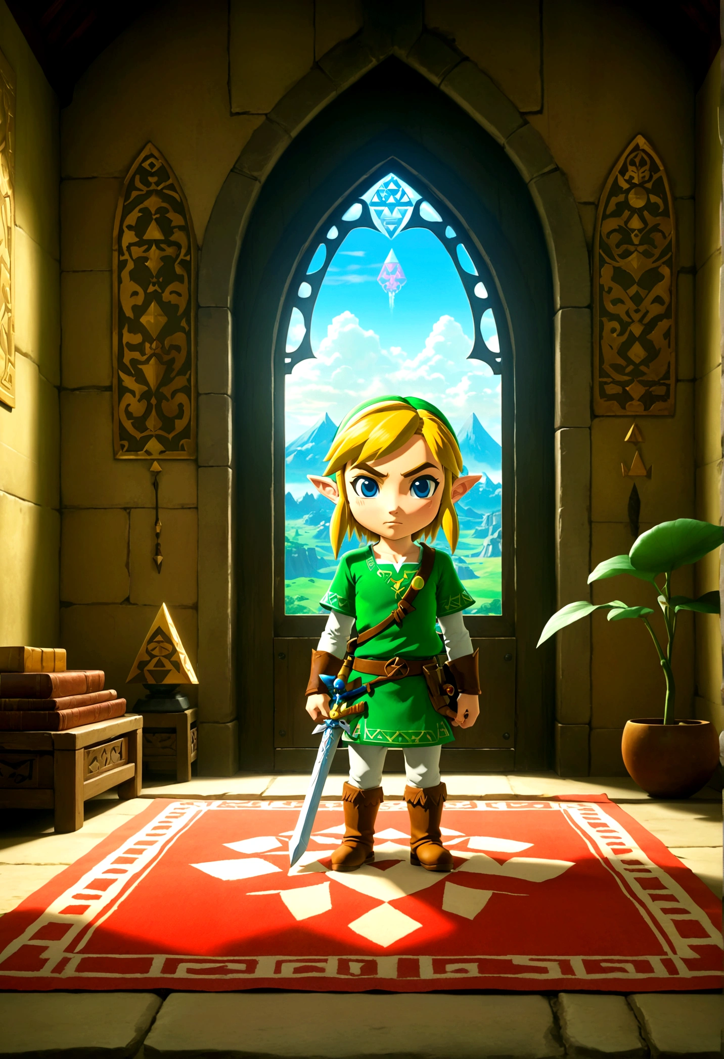 The Legend of Zelda, by Yoshitomo Nara, full body, cinematic still, cinemascope, best quality, masterpiece, very aesthetic, perfect composition, intricate details, ultra-detailed, vivid colors