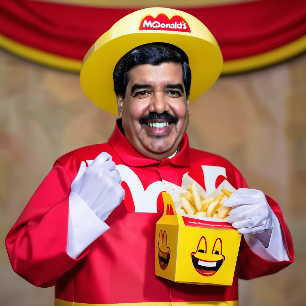 Nicolas Maduro wearing a poorly made mcdonald's happy meal mascot costume made of recycled materials