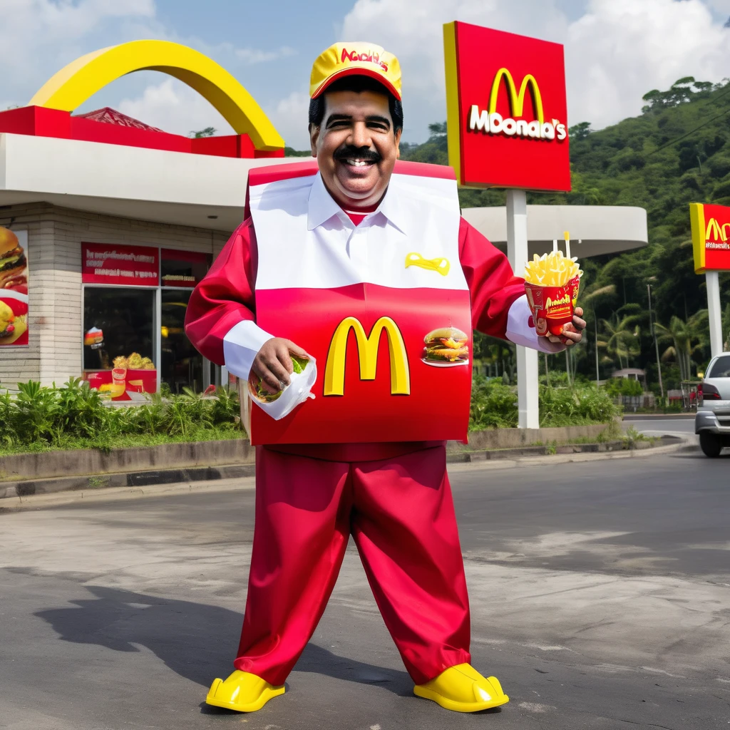 Nicolas Maduro wearing a poorly made mcdonald's happy meal mascot costume made of recycled materials