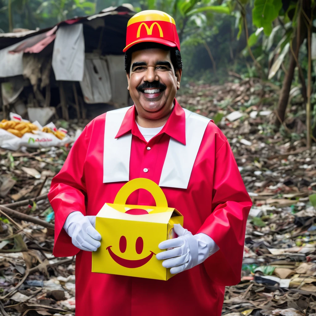 Nicolas Maduro wearing a poorly made mcdonald's happy meal mascot costume made of recycled materials
