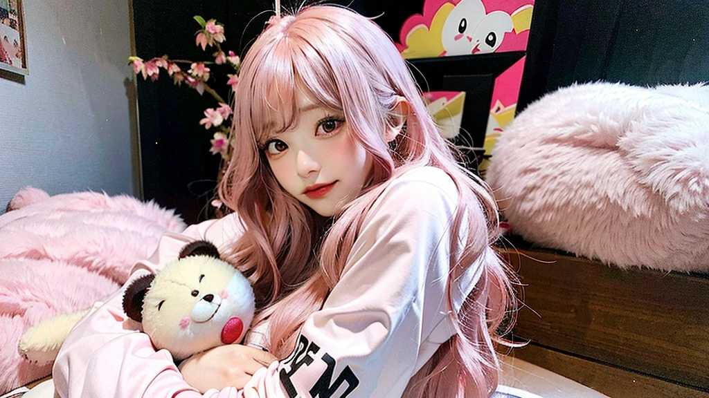 An anime-style illustration of the same woman with long pink hair and E-cup breasts. She has long pink hair and is wearing a white long T-shirt with black underwear slightly visible. She is lying on her side, with her eyes open and holding a teddy bear, looking a bit embarrassed. The setting is a modern girl's room.