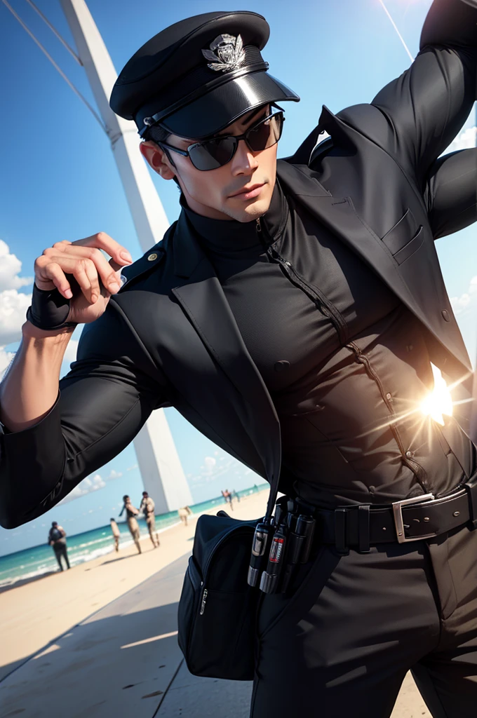 male special agent , wearing sun glasses and black cap , open one hand