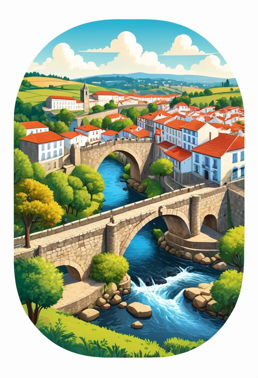 A t-shirt with graphic design art, flat illustration of the medieval bridge of Barcelos, portugal, highly detailed cleanliness, imagem vectorial, photorealistic masterpiece, professional photograpy, plain white background, isometric, Vibrant, vector