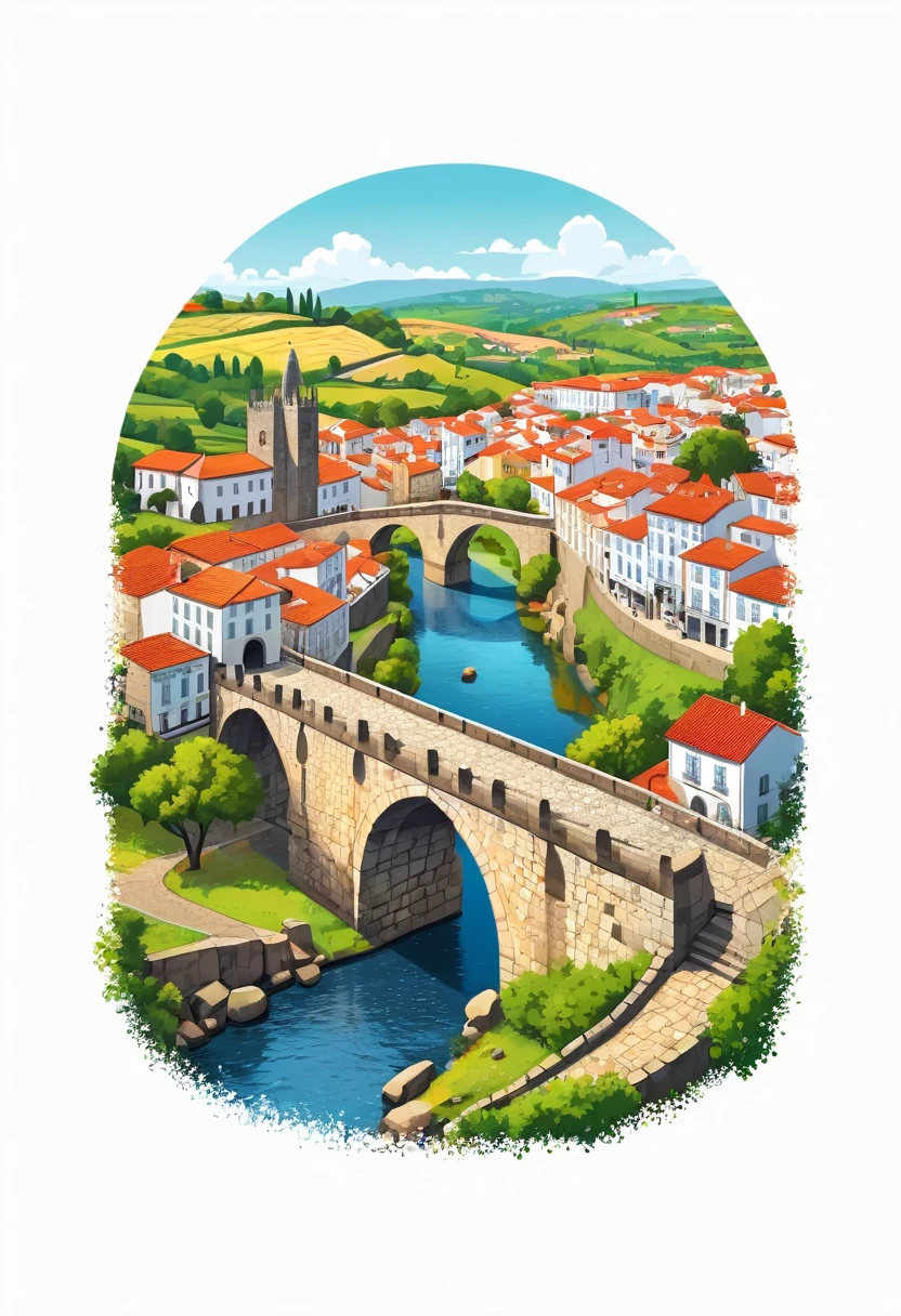 A t-shirt with graphic design art, flat illustration of the medieval bridge of Barcelos, portugal, highly detailed cleanliness, imagem vectorial, photorealistic masterpiece, professional photograpy, plain white background, isometric, Vibrant, vector
