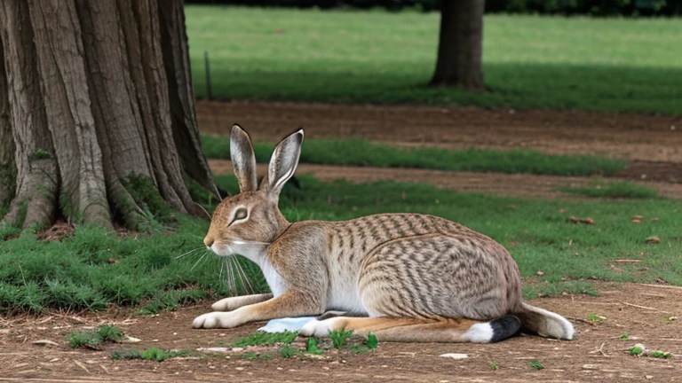 The hare sleeping soundly under the tree, looking relaxed and confident.