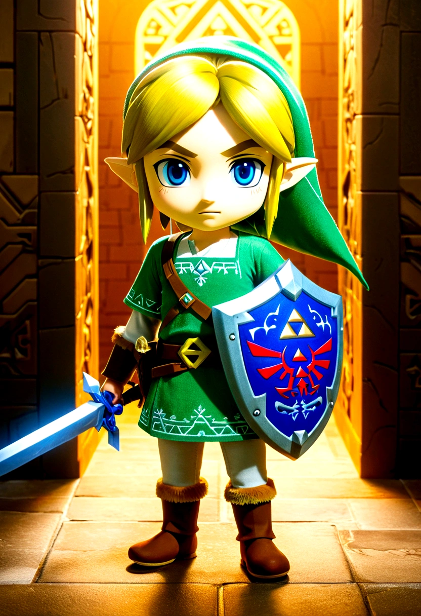 The Legend of Zelda, by Yoshitomo Nara, full body, cinematic still, cinemascope, best quality, masterpiece, very aesthetic, perfect composition, intricate details, ultra-detailed, vivid colors