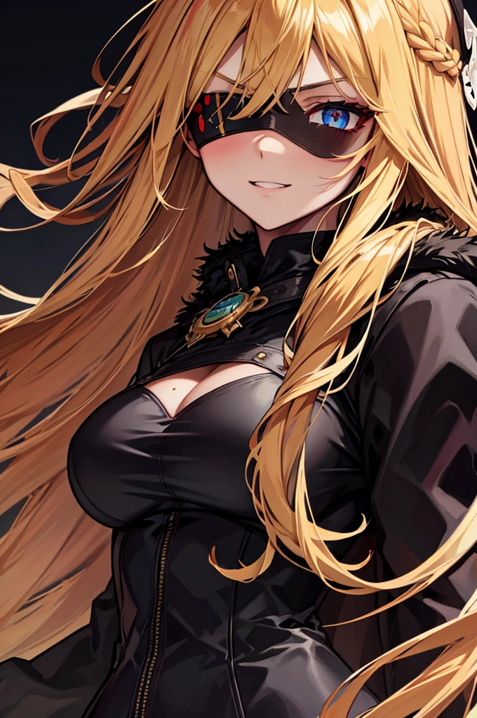 ((masterpiece)), ((best quality)), 1girl, adult, long hair, ((blonde hair)), very long blonde hair, ((intimidant look)), ((close-up)), profile image, green eyes, black and red clothes, sexy, dark colors, brillant eyes, ((coat with fur)), ((wavy hair)), exposed skin, ((sexy pose)), ((intimidant look)), good anatomy, ((dark sage clothes)), ((straight cut bangs)), emotionless, intimidant, ((beautiful eyes)), dark background, close up, ((detailed eyes)), beautiful eyes, ((detailed face)), hair bang, frontal look, evil, relaxed, smile, magical goddess othinus, detailed face, eyepatch, full body, ((detailed))