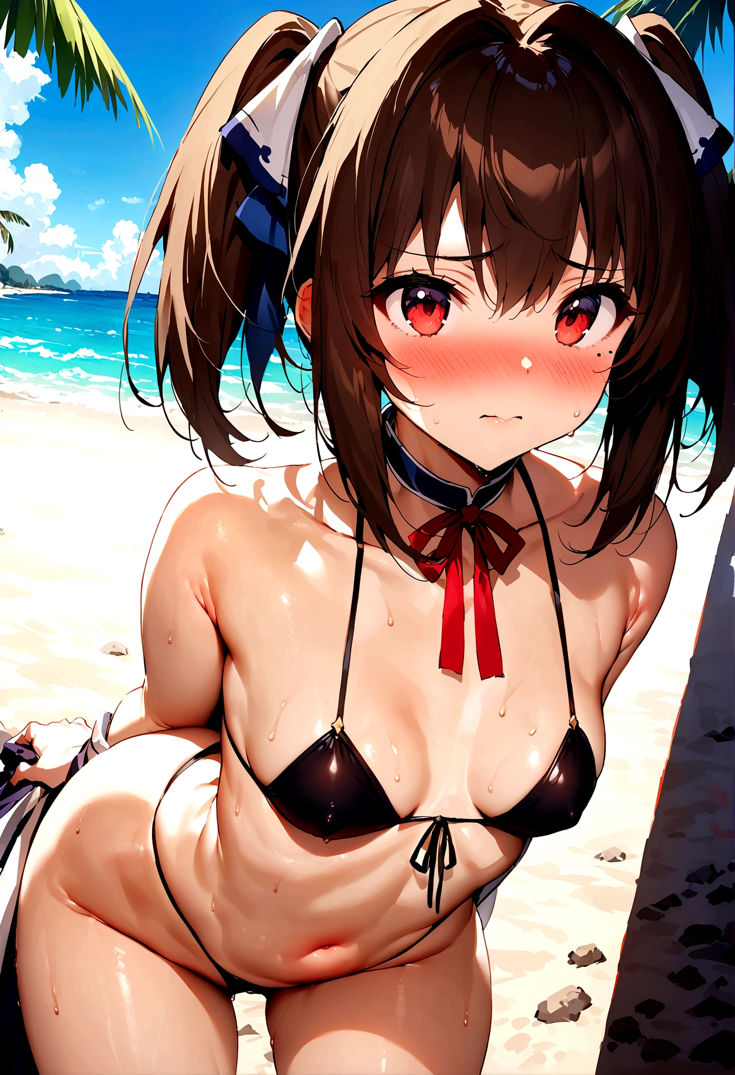 NSFW,masterpiece,Highest quality,High resolution,Super detailed,Nekone \(Utawarerumono\),Brown Hair、(Red Eye:1.3)、ribbon,Twin tails、ヘアribbon、Mole、目の下のMole,Small breasts,High quality sexy bikini,Japanese style,beach,Palm tree,Rock Shade,Embarrassed,blush,(Seduce),(Strong-faced men),A man rubs my buttocks