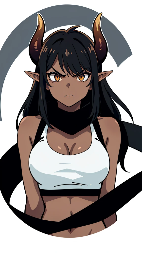 (1girl ,25s,adult,mature female),long hair, black hair,horns,elf ears,((black scarf)),cleavage,(((dark skin))),(black sports bra, midriff),(white background, line drawing), upper body,looking at view,((angry)),closed mouth,from front,pov