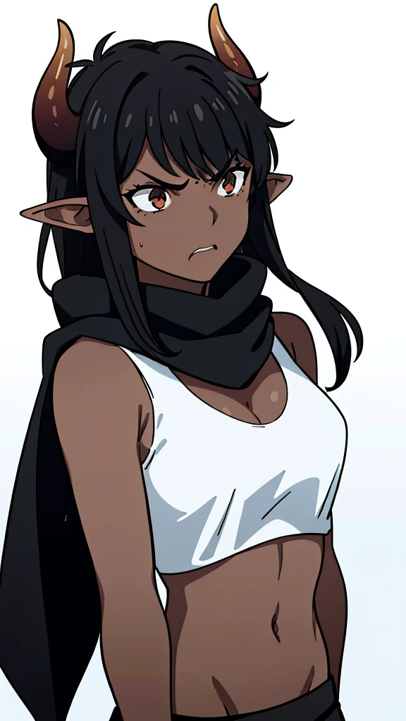 (1girl ,25s,adult,mature female),long hair, black hair,horns,elf ears,((black scarf)),cleavage,(((dark skin))),(black sports bra, midriff),(white background, line drawing), upper body,looking at view,((angry)),closed mouth,from front,pov