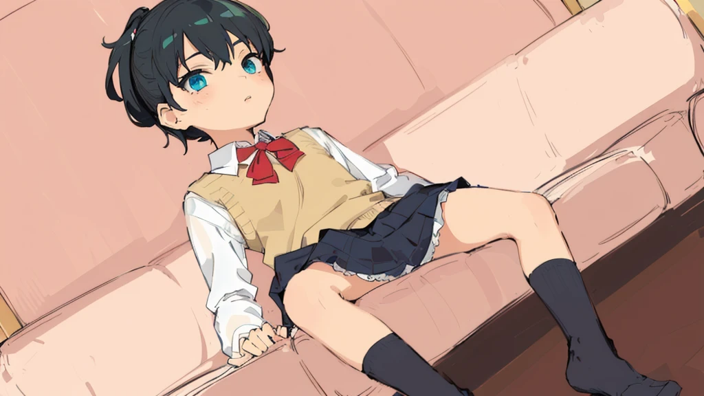 (masterpiece), best quality, expressive eyes, perfect face, 7  boy, lying on couch, , skirt, female attire, angle from below,