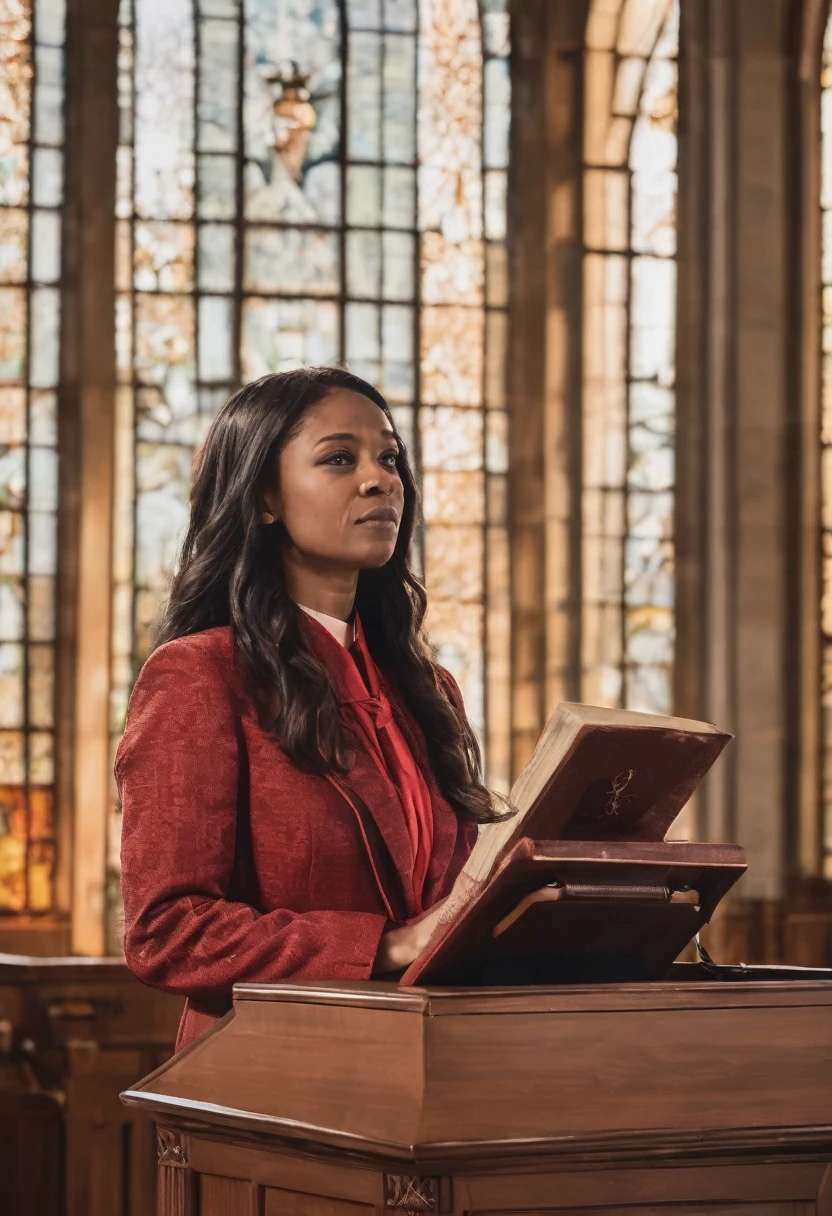 ((woman)), (30 year old), (long hair), (wearing reddish suit), (speech at a lectern), (bible on the pulpit), (modern protestant church background), (golden hour light), (photo realism), (hyper detailed), diffuse lighting, (long shot in Nikon D850 DSLR), ((200mm f/1. 8 lens)), (Slightly blurred background with bokeh effect)