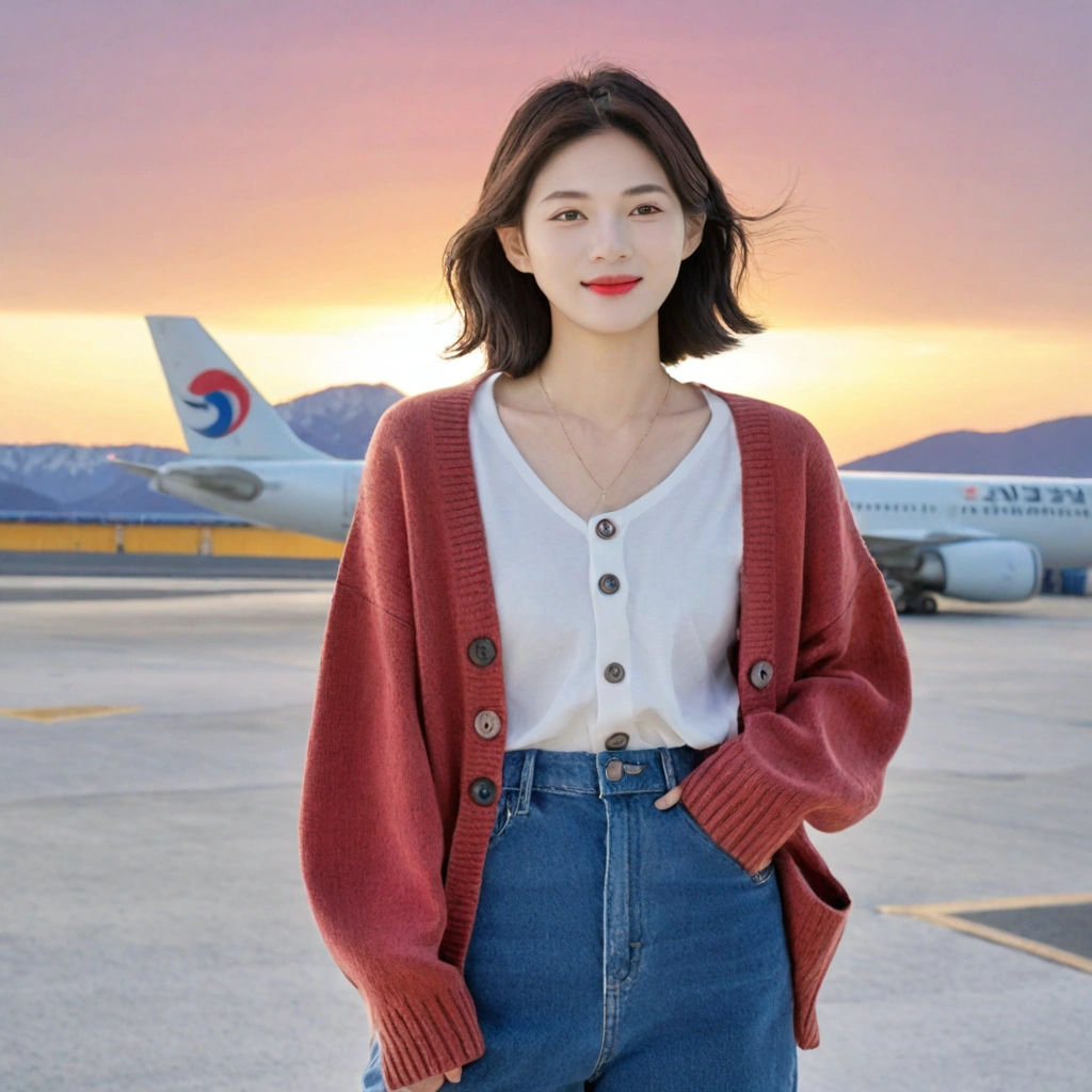 아름다운 한국 여자 , 32 인치 가슴 사이즈, 눈이 크고 예쁘네요. 키가 작다. Standing in the departure hall of the airport. . 짧은 중간 머리, Standing in the departure hall of Incheon Airport. He wore a white T-shirt, a luxury brand cardigan, jeans, a short stature, and a cardigan neatly.. 웃다, 짧은 중간 머리, 작은 키, Full body shot with Canon camera 16-35 wide angle lens, UHD