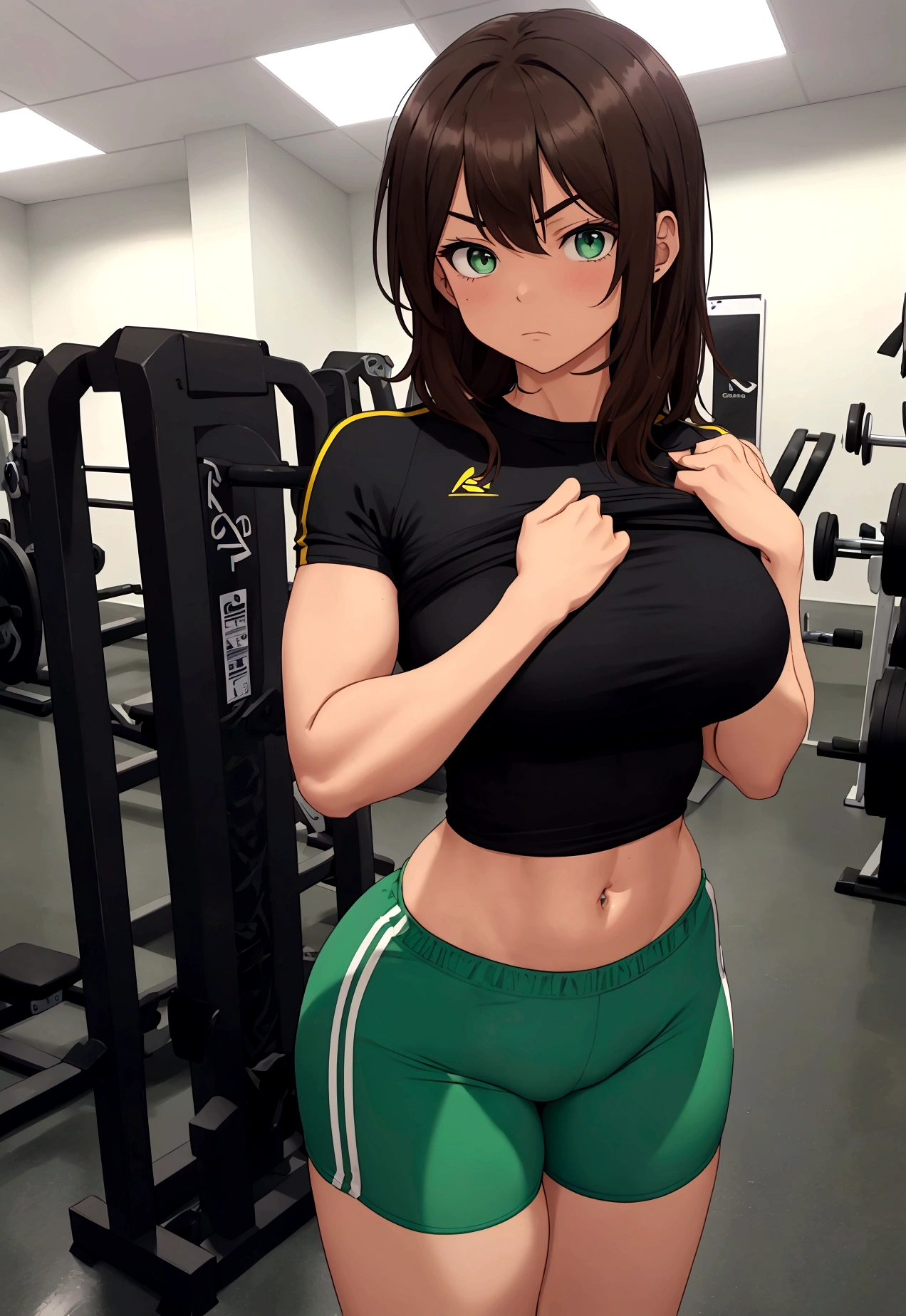 A modern gym with well-distributed exercise equipment. Naru, an 18 year old girl with short medium brown hair in the Megumin style and green eyes, She is dressed in a tight blue sports shirt and black lycra shorts.. He is wearing white sneakers and is lifting weights with determination. His hair is slightly messy from the effort., and his green eyes are focused on his training. Exercise equipment includes weights, treadmills and weight machines. A large mirror can be seen reflecting your image while you train, showing his aesthetic figure and his concentration. The tight sports shirt highlights his worked physique and the lycra shorts fit his thighs, where her tattoo under her right buttock on her thigh is barely visible due to movement