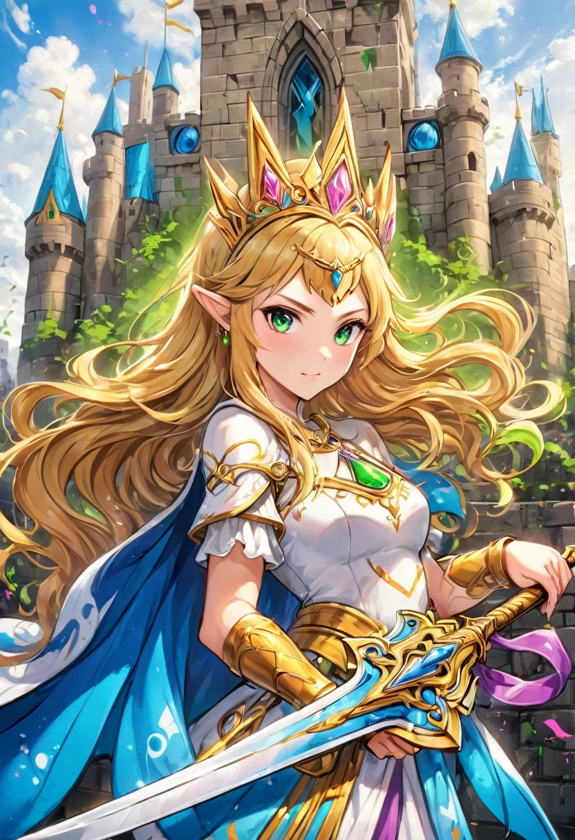 a graffiti painting art on the wall of the castle of  Princess Zelda on the wall of a castle, Princess Zelda (intense details, Masterpiece, best quality: 1.5), ultra detailed face, ultra feminine, fair skin, exquisite beauty, gold hair, long hair, wavy hair, small pointed ears, dynamic eyes color, wearing heavy green and white armor, shinning metal, armed with elven sword, ais-graffiti, chumbasket art style, graffiti art
