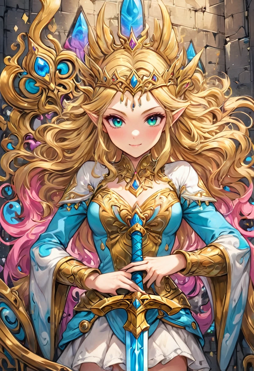 a graffiti painting art on the wall of the castle of  Princess Zelda on the wall of a castle, Princess Zelda (intense details, Masterpiece, best quality: 1.5), ultra detailed face, ultra feminine, fair skin, exquisite beauty, gold hair, long hair, wavy hair, small pointed ears, dynamic eyes color, wearing heavy green and white armor, shinning metal, armed with elven sword, ais-graffiti, chumbasket art style, graffiti art
