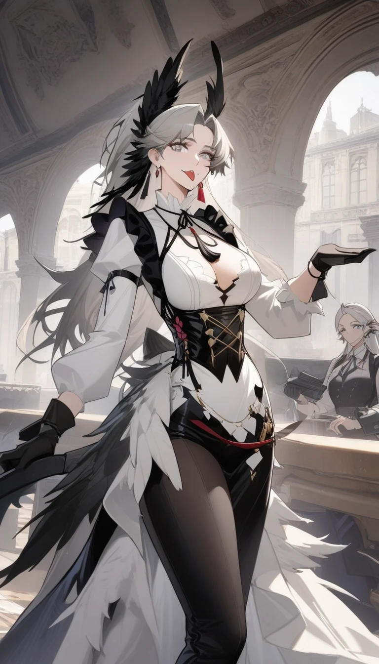 masterpiece, best quality, very aesthetic, absurdres, 1girl, mature_lady, ,1girl, irene \(voyage of feathers\) \(arknights\), arknights, head wings, wings, long hair, long sleeves, dress, grey hair, gloves, grey eyes, jewelry, apron,tongue out,Romanesque - Features thick walls, rounded arches, and decorative arcades.,floating_clothes