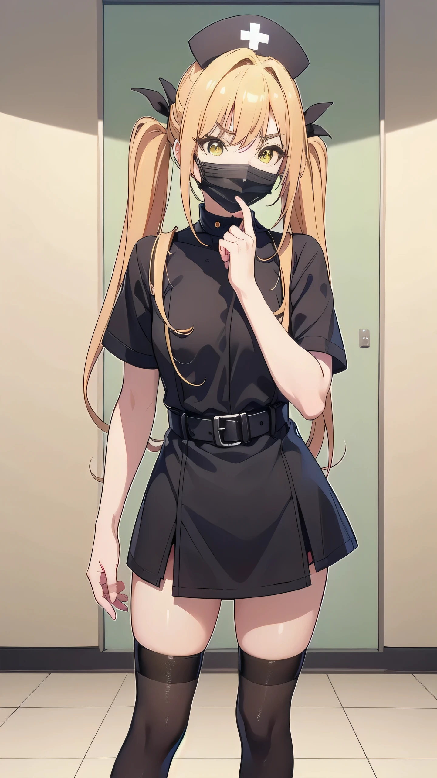 black nurse, 1girl, solo, karane inda, black nurse cap, black wear, ((black legwear, zettai ryouiki)), black elbow gloves, twintails, low twintails, yellow hair, hair ribbon, (yellow eyes:1.3), ((black surgical mask, covered nose)), standing, ((surgery room)), sharp outline, short sleeves, best quality, masterpiece