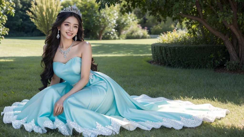 8K, ultra hd, masterpiece, 1 girl, 24 years, beautiful smile, (smile:1.1), good face, very long hair, detailed eyes, detailed lips, medium breasts, princes bridal frock, Cyan bridal frock, ((Matty silky cyan bridal frock dress)),cute diamonds crown on head, diamonds, jewellery, necklace, earring, landscape, attractive poses, walking in Green grass, beautiful Knees, pink skin,