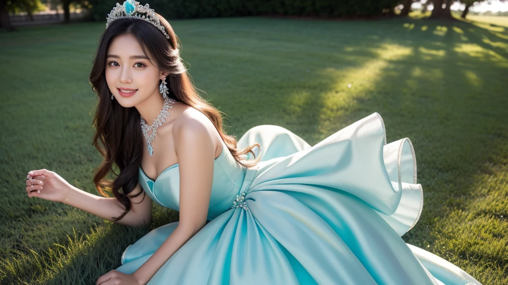 8K, ultra hd, masterpiece, 1 girl, 24 years, beautiful smile, (smile:1.1), good face, very long hair, detailed eyes, detailed lips, medium breasts, princes bridal frock, Cyan bridal frock, ((Matty silky cyan bridal frock dress)),cute diamonds crown on head, diamonds, jewellery, necklace, earring, landscape, attractive poses, walking in Green grass, beautiful Knees, pink skin,