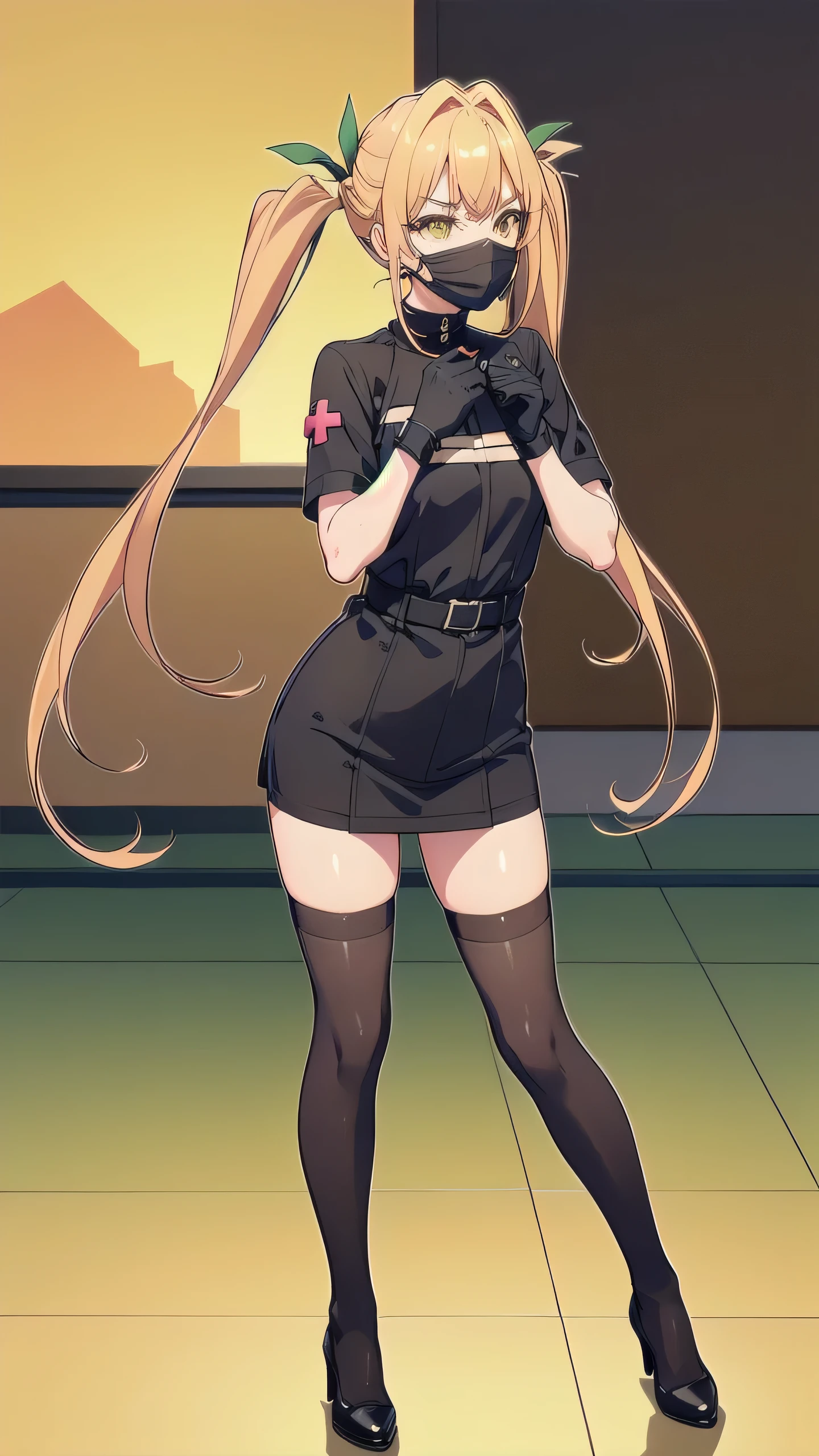 nsfw, black nurse, 1girl, solo, karane inda, black nurse cap, black wear, ((black legwear, zettai ryouiki)), black elbow gloves, twintails, low twintails, yellow hair, hair ribbon, (yellow eyes:1.3), ((black surgical mask, covered nose)), standing, ((surgery room)), sharp outline, short sleeves, best quality, masterpiece