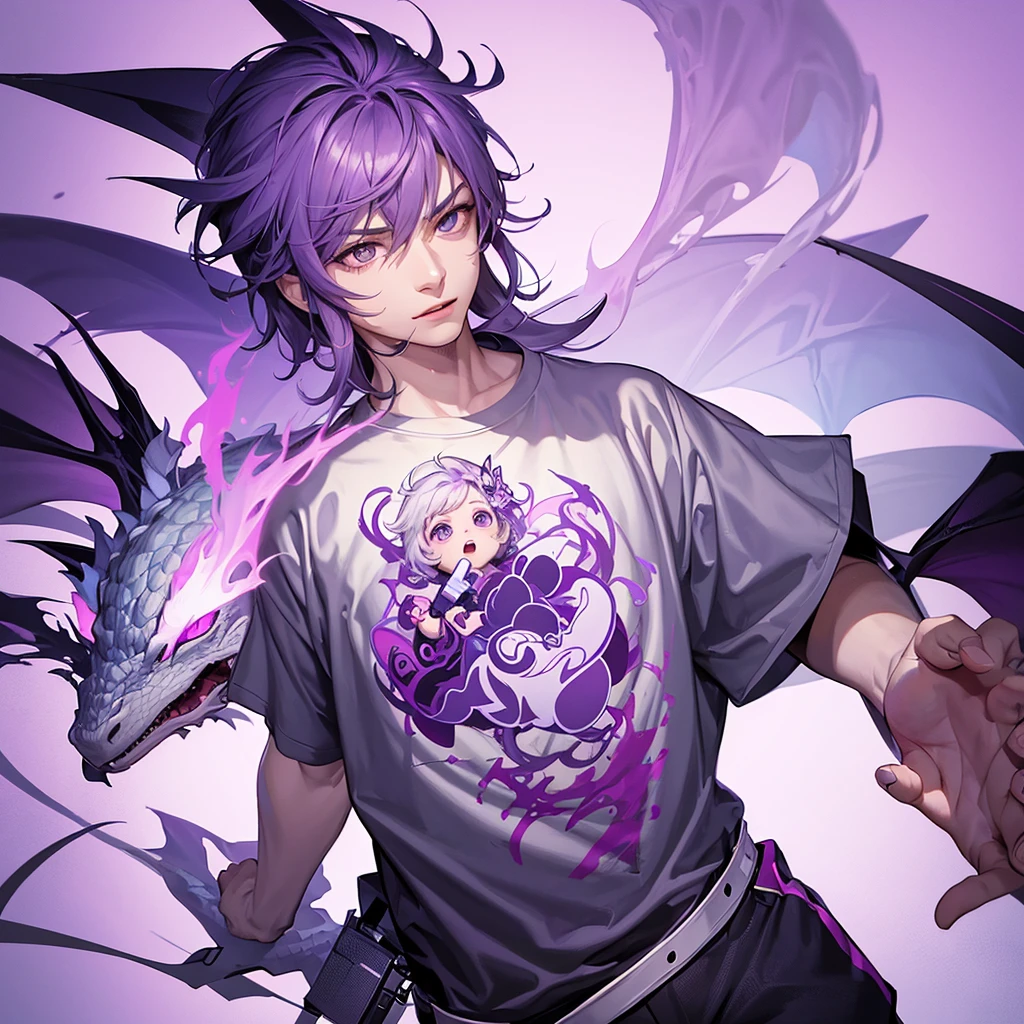 vector T-shirt design, modern graphics design, purple tones, white background, featuring a charming baby dragon with smoke out of his mouth