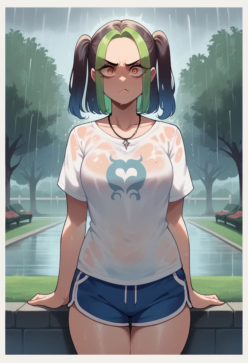 score_9, score_8_up, score_7_up,expressive eyes,1 girl, straight cut,hair over forehead, smooth hair,mixed colored hair,orange eye, swirly eyes,necklace,two side up, revealing shirt, loose shirt, dolphin shorts,in park, closed mouth, :t, pout, mad ,thunderstorm,wet, nighttime
