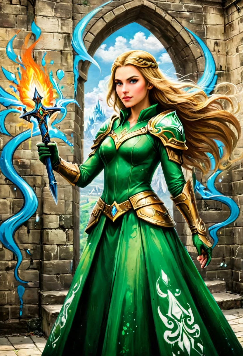 a graffiti painting art on the wall of the castle of Princess Zelda on the wall of a castle, ,Princess Zelda (intense details, Masterpiece, best quality: 1.5), wearing intricate green dress, delicate diamond crow, ultra detailed face, ultra feminine, fair skin, exquisite beauty, gold hair, long hair, wavy hair, small pointed ears, dynamic eyes color, wearing heavy green and white armor, shinning metal, armed with elven sword, ais-graffiti, chumbasket art style, graffiti art