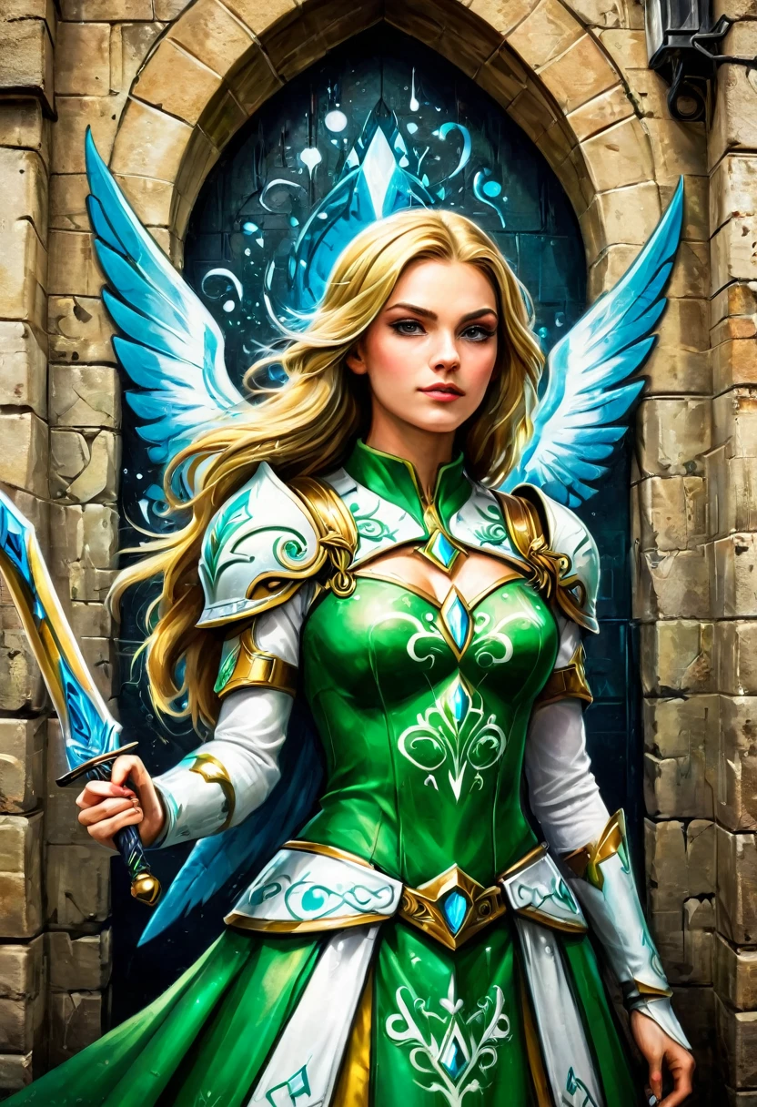 a graffiti painting art on the wall of the castle of Princess Zelda on the wall of a castle, ,Princess Zelda (intense details, Masterpiece, best quality: 1.5), wearing intricate green dress, delicate diamond crow, ultra detailed face, ultra feminine, fair skin, exquisite beauty, gold hair, long hair, wavy hair, small pointed ears, dynamic eyes color, wearing heavy green and white armor, shinning metal, armed with elven sword, ais-graffiti, chumbasket art style, graffiti art