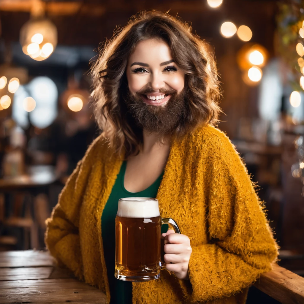 a lovely smiling shaggy hairy bearded woman is holding a mug of beer