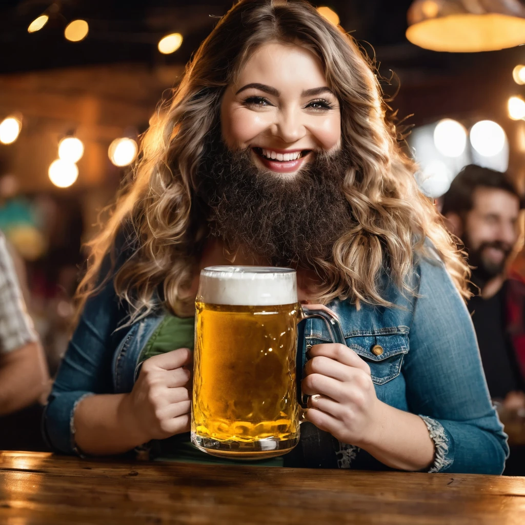 a lovely smiling shaggy hairy bearded woman is holding a mug of beer