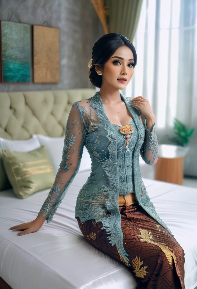 A woman in the glamour kebaya, full body,mermaid tight long kebaya, flowy dramatic long kebaya,very long flor length gown, tall women, in bed room, sexy face,sexy pose, masterpice, hyper realistic, realistic lightning, Ensure that the image is photorealistic and of top-quality 8K HDR, capturing every intricate detail of the scene.,kebaya,kebaya indonesia,p3rfect ,cleavage
