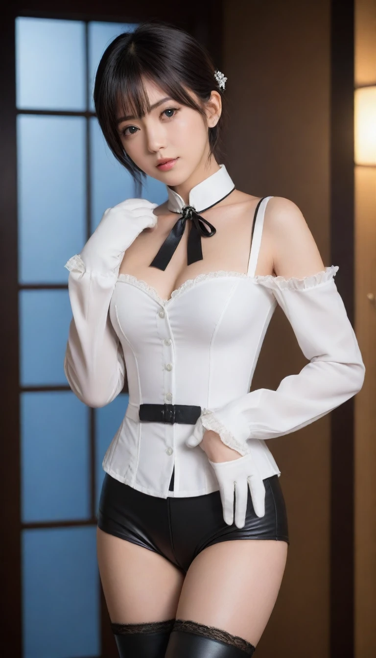 8K, Ultra-high resolution, Highest quality, masterpiece, 三分割法によるphotograph,Surreal, photograph, 1 Girl, (16 years old:1.3), pretty girl, Cute face, Beautiful eyes in every detail, 細かくdetailedに,masterpiece,One Girl:1.2, Japan Female Announcer, whole body,Front view, Are standing, Perfectly drawn body, Embarrassed look, Pale skin, Beautiful Face, Short black hair, 4K eyes, Very fine grain, Pink Cheeks, choker:1.6, (White long sleeve button down shirt with white collar), Black gloves, Gloves to cover your hands, (Black leather corset), (shiny black leggings), Sensual lips , Winter Night, 目のdetailedを見せる, Looking at the audience, Elegant Room,Beautiful leg line beauty,Looking at the audience、beauty,Long neck、(((Ideal body type))),A cup small breasts :2,、Portraiture:2、Perfect Anatomy、鮮明なdetailed、detailed、Surreal、Light and shadow,Strong light