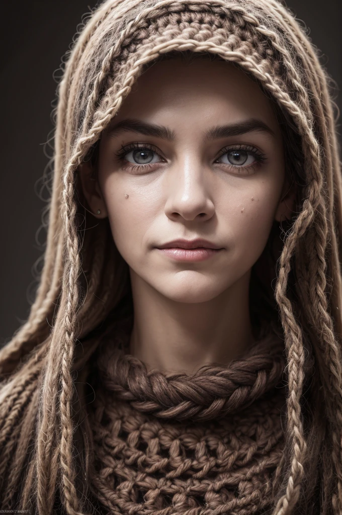 (best qualityer,4K,8K,high resolution,work of art:1.2),ultra detali,(realisitic,photorealisitic,photo-realisitic:1.37),Crochet portrait,Health reason,The jokester,olhos intensos,(maddening look,insane stare),legendary performance,Poster quality,photo-realisitic details,cinematic effect,Approximate view,enlarged eyes,deep eye sockets,intense expression,Detailed crochet textures,swirly vibrant colors,bold contrasts,darkness background,threatening atmosphere,Distorted smile,manic energy,haunting portrait,iconic character,heavily textured yarn,Woven fibers,attention to facial features,intense and intriguing presence,Memorable portrait,impeccable craftsmanship,Skillful crochet techniques,perfectly captured details,Strange resemblance,expression of madness and chaos,psychological depth,impacto emocional,celebration of Health reason's talent,Tribute to his unforgettable performance, man of average age, about 35 years old, thin with merculous skin