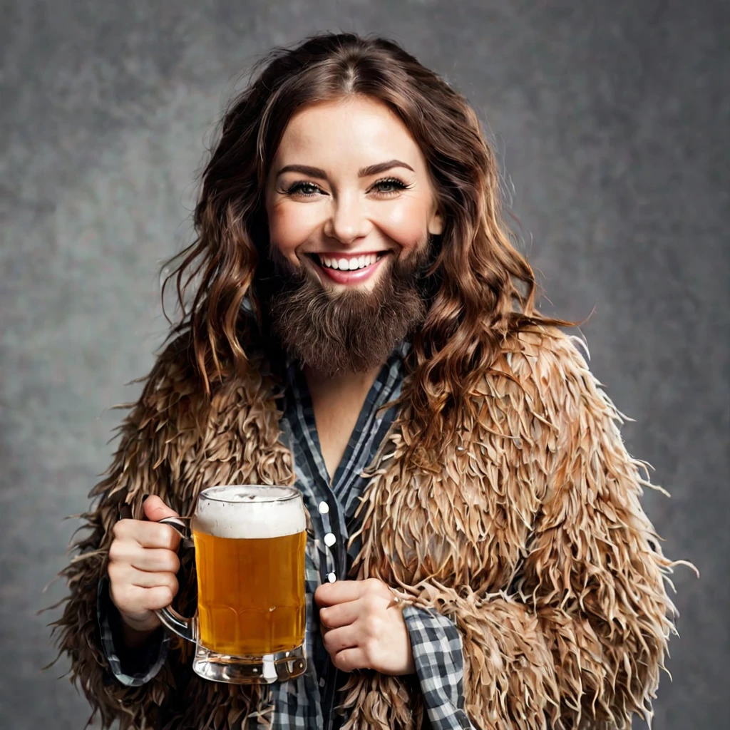 a lovely smiling shaggy hairy bearded woman is holding a mug of beer