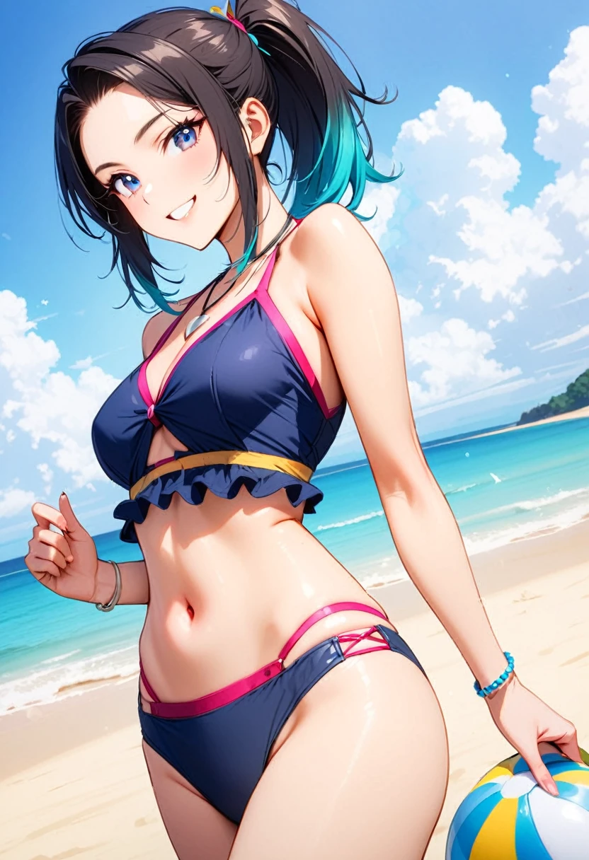 A young woman, 21-years-old, solo, Caucasian, black hair, cyan hair, gradient hair, multicolored hair, ponytail, two-tone hair, blue eyes, cheerful smile, mature face, dark blue bikini top, dark blue bikini bottom, midriff, holding a beachball, beach, thin silver necklace, white bracelet, flat stomach