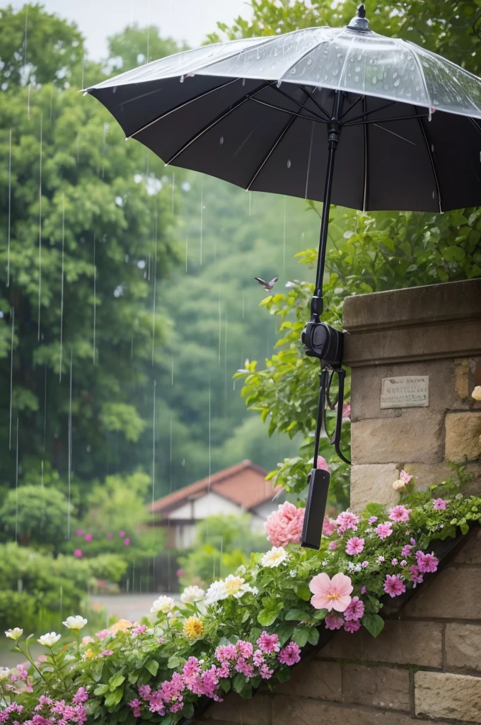 Birds singing, flowers blooming in the rain.