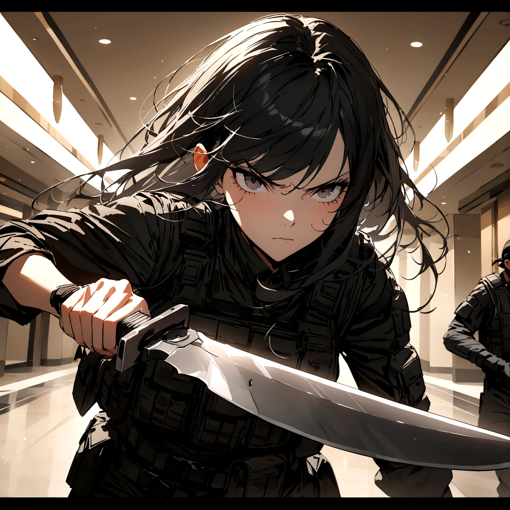 woman with a black outfit and tactical vest, serious face, 4k, black hair with silver bangs, assassin women, holding a knife, (8k, best quality, masterpiece: 1.2), ultra-detailed, dynamic, hotel hall, action