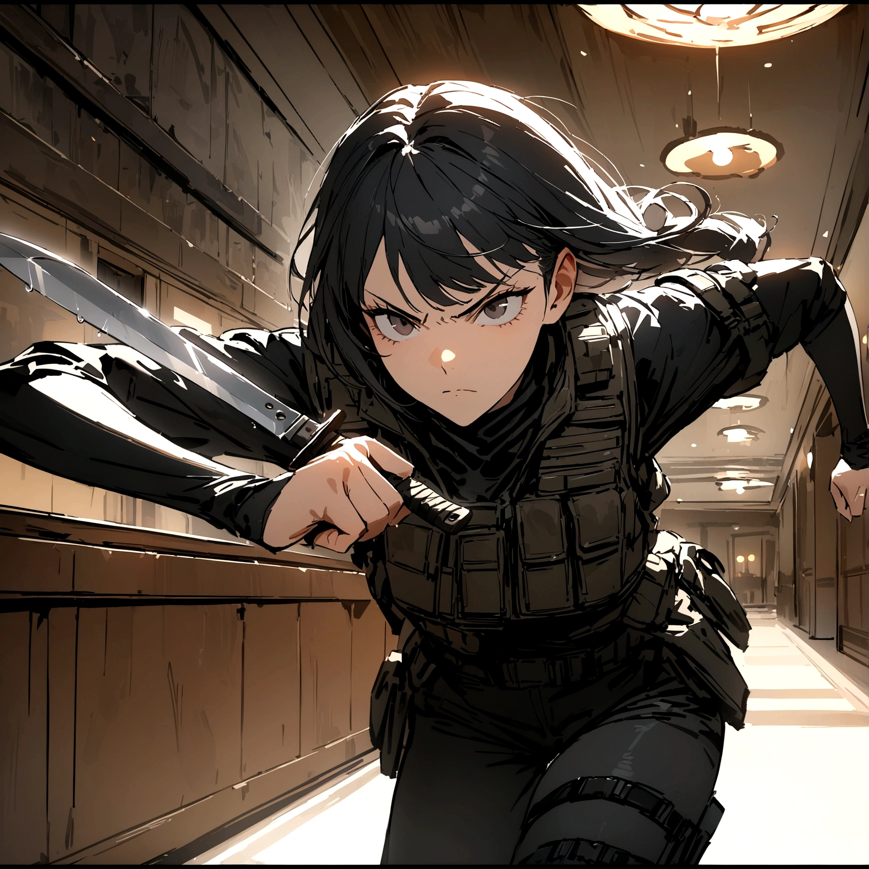 woman with a black outfit and tactical vest, serious face, 4k, black hair with silver bangs, assassin women, holding a knife, (8k, best quality, masterpiece: 1.2), ultra-detailed, dynamic, hotel hall, action