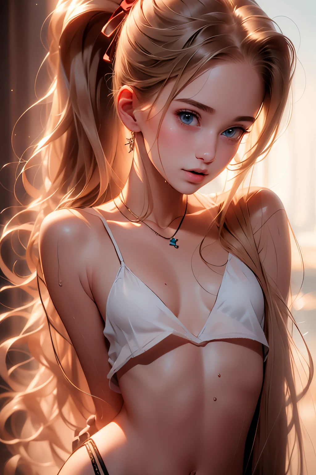  ((best quality)), ((masterpiece)), (detailed), NSFW, small breasts, prominent collarbones, skinny arms, flat stomach, visible hip bones, long hair, red hair, white hair, blonde hair, dark hair, ponytail, thick ponytail, heavy ponytail, anime girl in pink wet clothes, Realistic Shadows, Detailed skin, Very small breasts, Hair Ribbon, Very detailed, highly detailed face, Perfect face shape, Perfect lips, Perfect nose, Correct beautiful eyes, Watching Viewer, Best Quality, Single Girl, No bra, No panties, Solo 