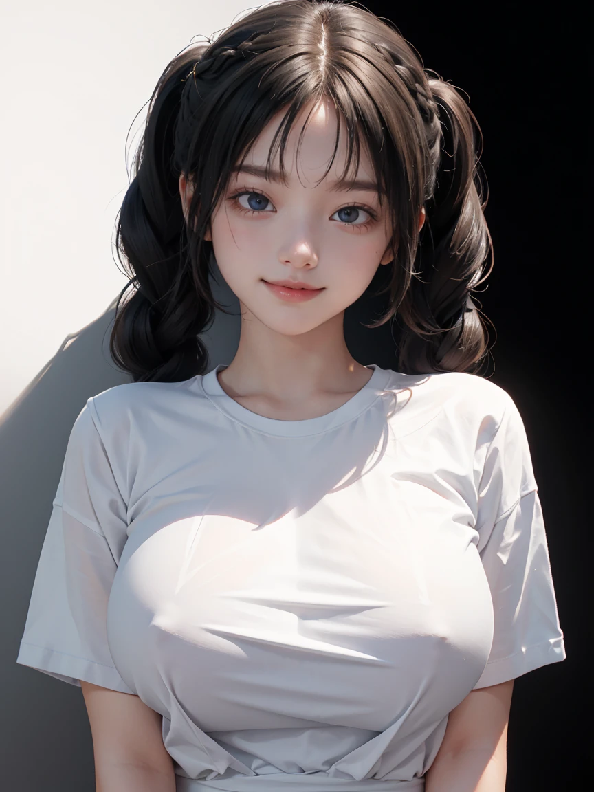 detailed eyes ,huge breasts , braided hairstyle , portrait , white t-shirt , black background , black hair , smile , black eyes , Calm posture , nsfw , twin tail