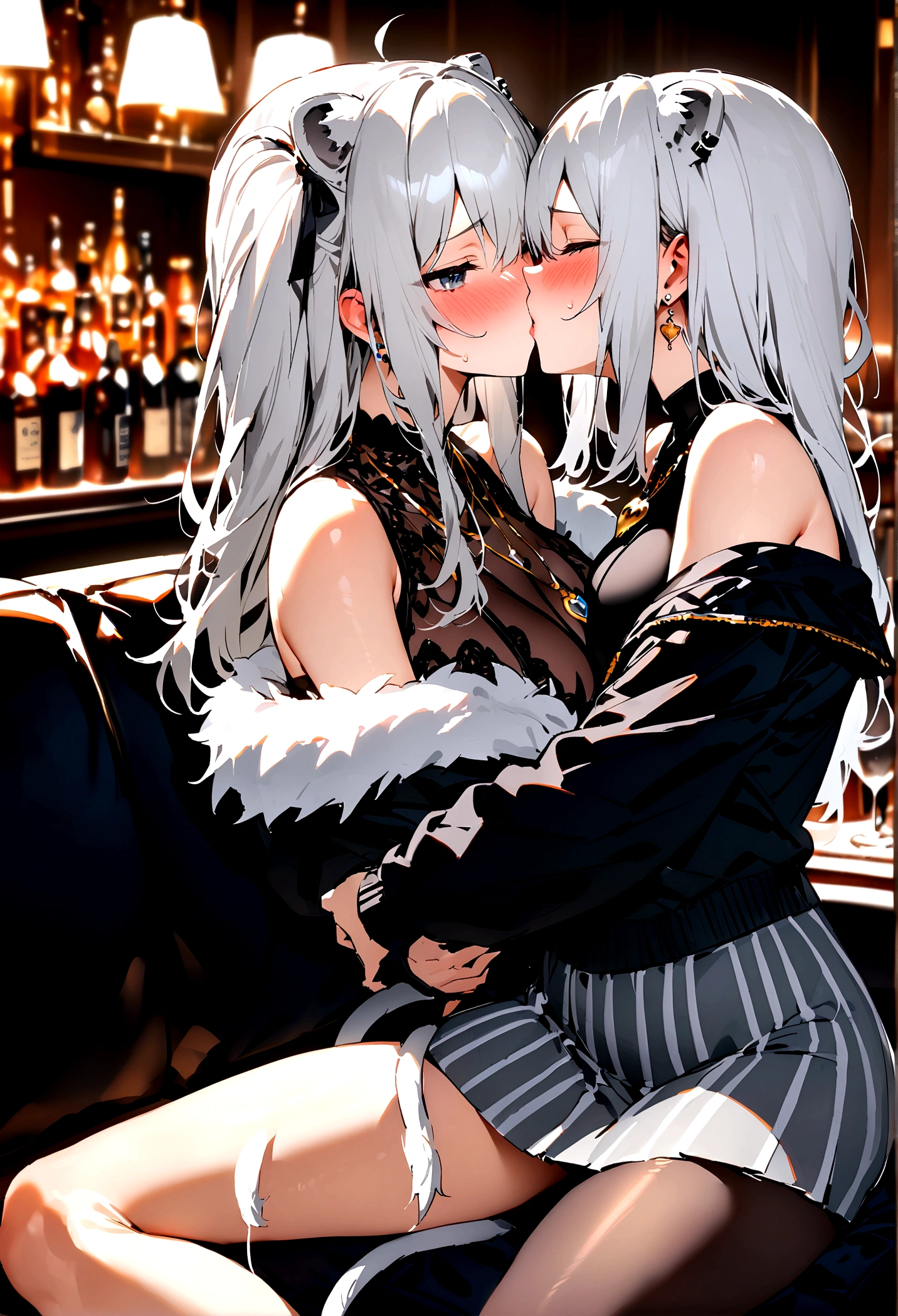 NSFW,masterpiece,Highest quality,High resolution,Super detailed,Shishirabotan\(Hololive\),Long Hair、Two Side Up、Earrings、Lion's Tail,necklace、Black Shirt、Sleeveless shirt、abdomen、See-through、Grey Skirt、片足pantyhose、pantyhose、fur-trimmed jacket、Black jacket、Off the shoulder,Black sexy panties,Embarrassed,blush,Luxurious Room,pub,Private room,sofa,Cocktail Glass,(Drunk),(Intoxication),Sitting,heart,Sexy pose,Panty shot,(Strong-faced men),男性が隣にSitting,A man puts his hands on her waist and hugs her,to kiss,From the side