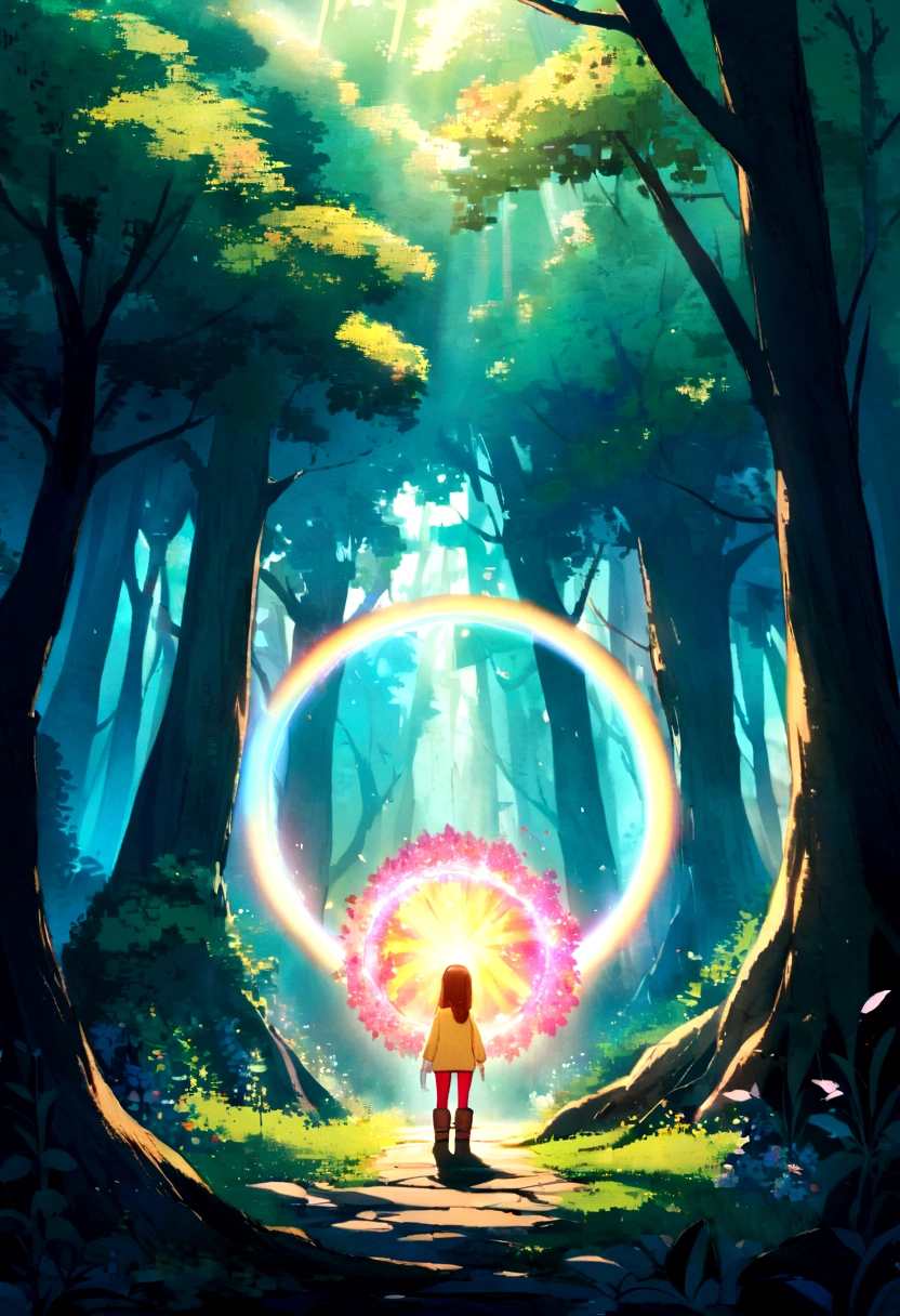 Enchanted forest scenery: An image of a magical forest with tall trees, flores brilhantes e um riacho serpenteante.
One of the trees has a magical colorful portal between it. A girl with a yellow sweater, red pants and boots goes through this portal and she enters to a colorful world.